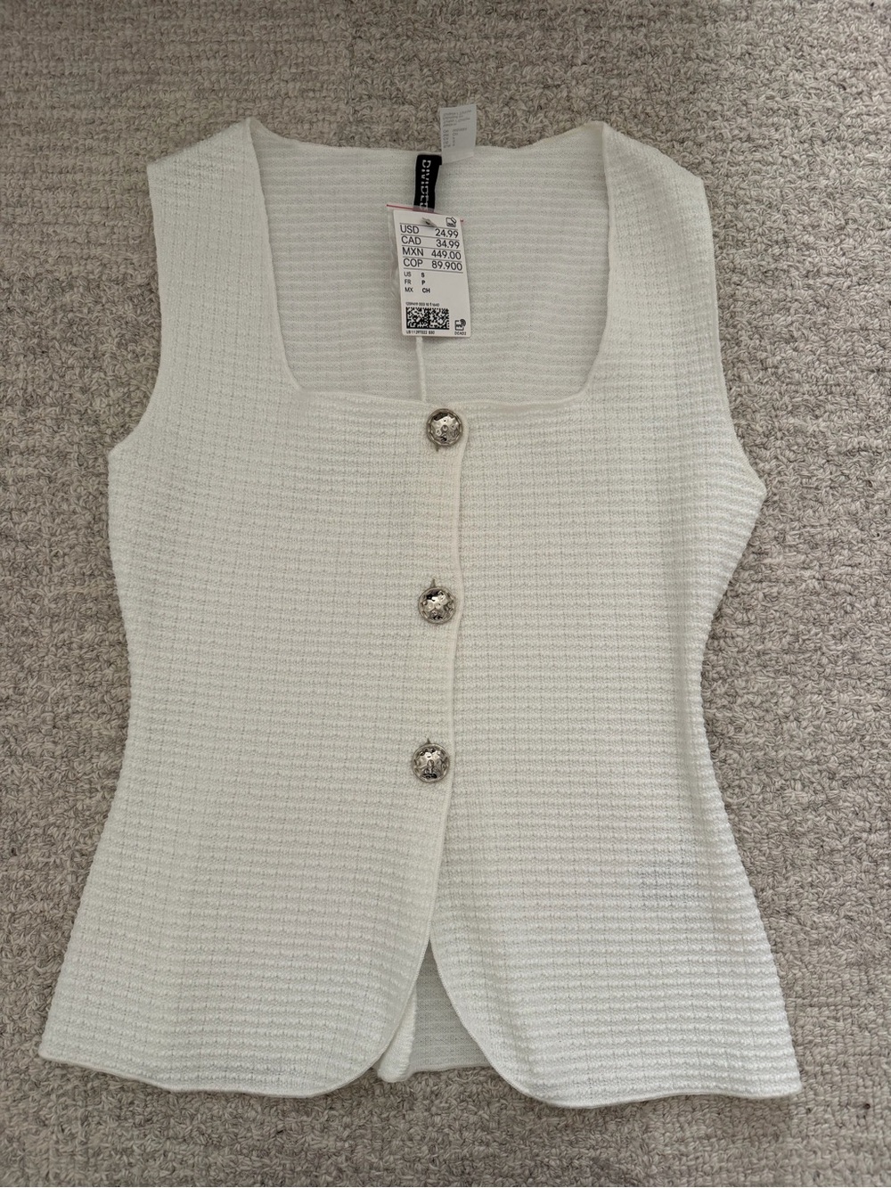 H&M Cream Textured Square-Neck Tank with Decorative Buttons